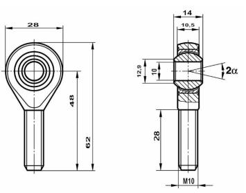 M10x1.25 Rod End, K, Heavy Duty, PTFE 